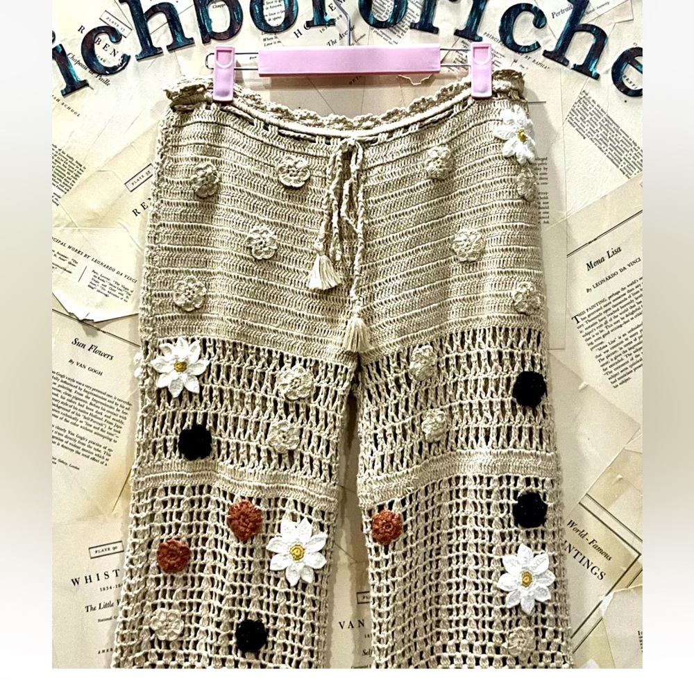 Free People Cactus Flower Crochet Pant Drawstring Natural Ivory Black Rust - Picture 6 of 7